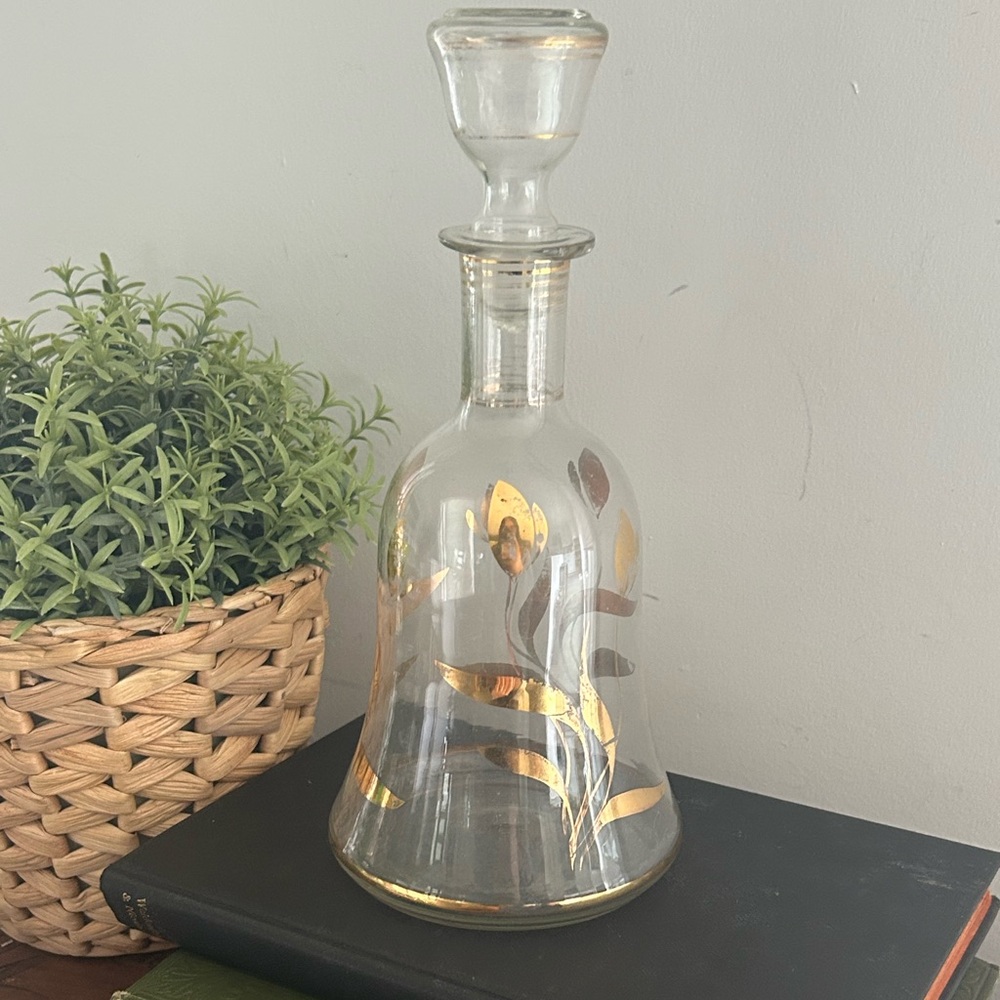 vintage  Clear Glass carafe decanter painted gold floral leaf Floral pattern